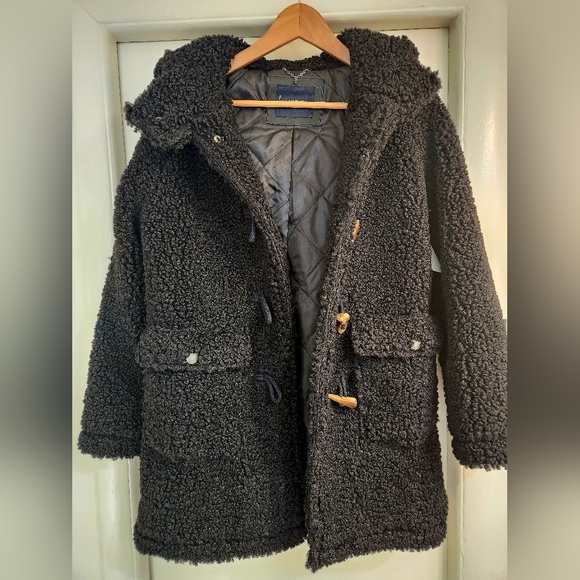 LUCKY BRAND FAUX FUR SHEARLING HOODIE TOGGLE BUTTON SHERPA COAT WOMEN Sz.XS Blk - Picture 5 of 12